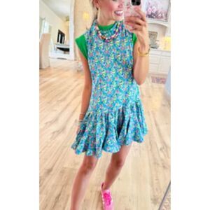 Umgee | NWT Floral Mock Neck Drop Waist Mini Dress - Green/blue | Large